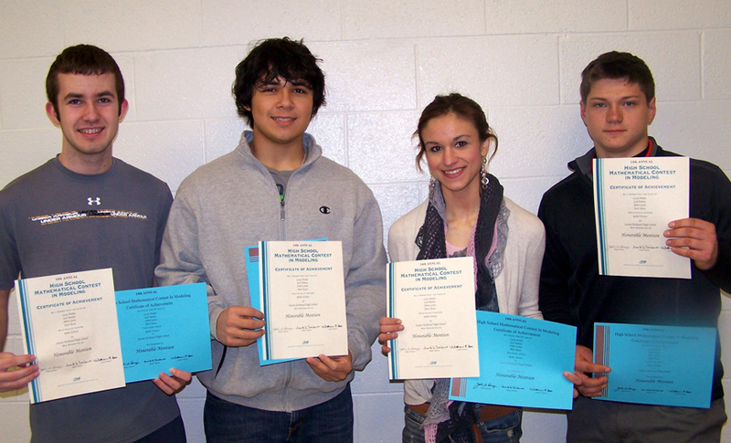 Sussex Tech’s junior math team members (l-r) A.J. Green, Millsboro; Matt Rosas, Seaford; Lacey Perdue, Millsboro; and Josh Mohun, Millsboro, earned an honorable mention in the international Mathematical Contest in Modeling. A.J., Matt and Lacey also participated in Moody’s Mega Math Challenge and will learn the results in April. SOURCE SUBMITTED